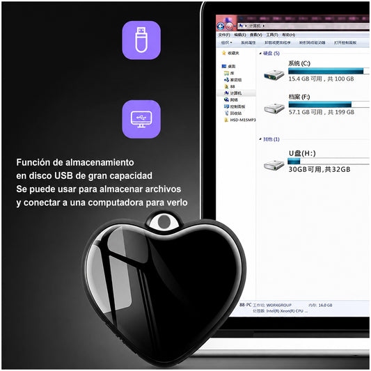Grabadora de voz Q66 discreta tipo colgante de corazón 8GB